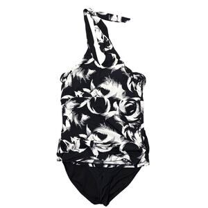 SPANX Shaping Tankini Set Swimsuit Black White Print Size 12